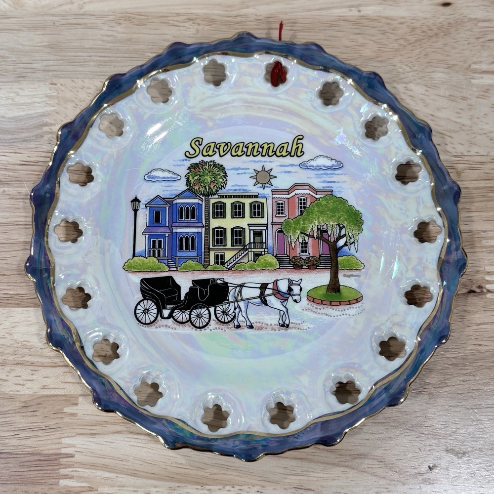 Vintage Savannah Georgia Souvenir Plate 7" Reticulated Gold Scalloped Rim